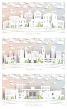 Asuncion Paraguay, Belmopan Belize and Cayenne French Guiana City Skyline Set Ilustración de archivo