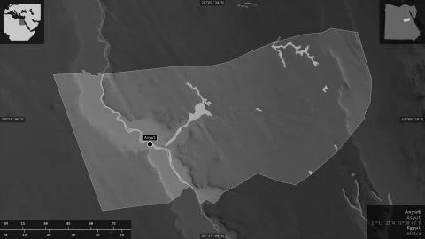 Asyut, Egypt. Grayscaled map with lakes and rivers Stock Illustration