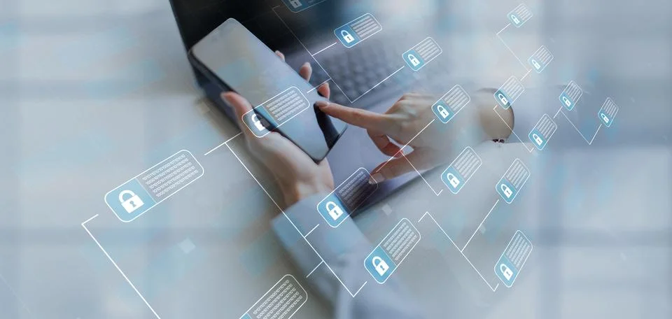 Ata Encryption and Cybersecurity Technology Concept Illustrated on VIrtual Sc Fotos Stock