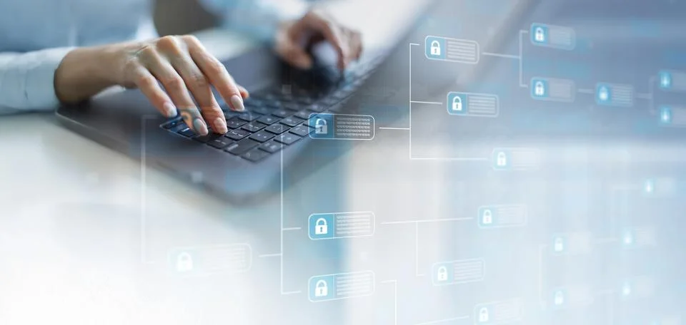 Ata Encryption and Cybersecurity Technology Concept Illustrated on VIrtual Sc Stock Photos