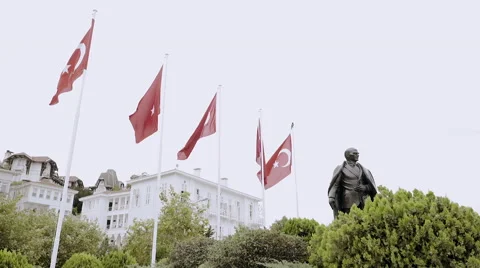 Ataturk statue with turkish flags Stock Footage 54697181