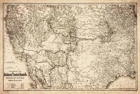 Atchison Topeka And Santa Fe Railroad System And Connections 1883 Map Stock Illustration
