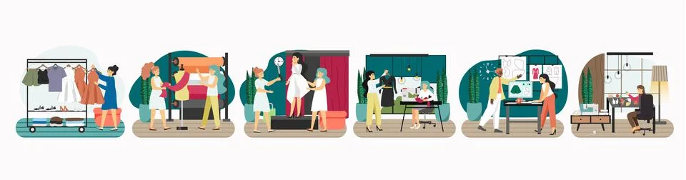 Atelier scene set, flat vector illustration. Dressmakers sewing clothes, making Stockillustratie