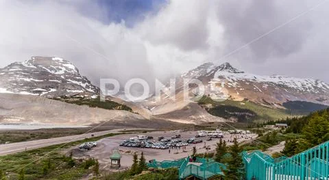 Athabasca Glacier Mountains with stairway to car park Stock Photos