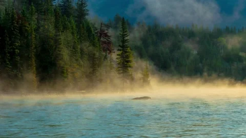 Athabasca River Mist Cropped Rising Fog Dew Jasper Banff Canada Time Lapse 4K Stock Footage 132468638