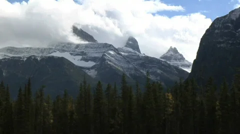 Athabasca River Valley Pull from mtn Stock Footage 139658