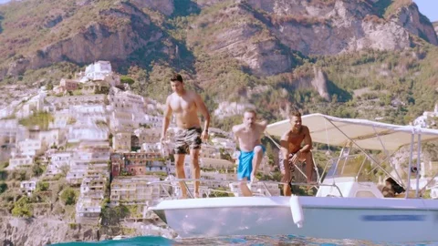 Atheltic Young Group Jumping Splashing Into The Water Healthy Lifestyle Sunny Stock Footage 85292569