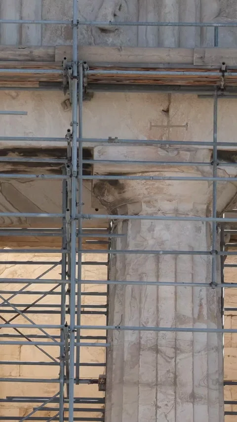Athens Acropolis, Ancient stone steps, repair restoration Scaffolding around Stock Footage 302075774