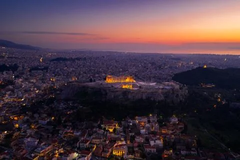 Athens, Acropolis Parthenon, Sunset, Illuminated, Drone Stock Photos