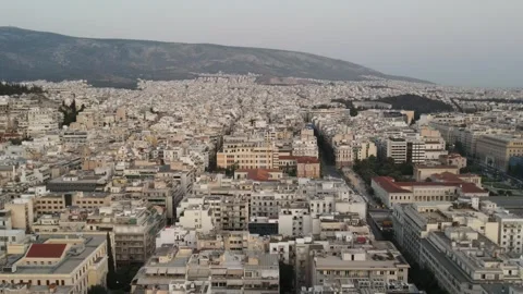 Athens dense urban architecture and Mount Hymettus aerial wide view Stock Footage 336498682