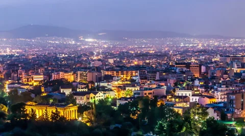 Athens evening panorama with temple of Hephaestus in the foreground Stock Footage 56572672