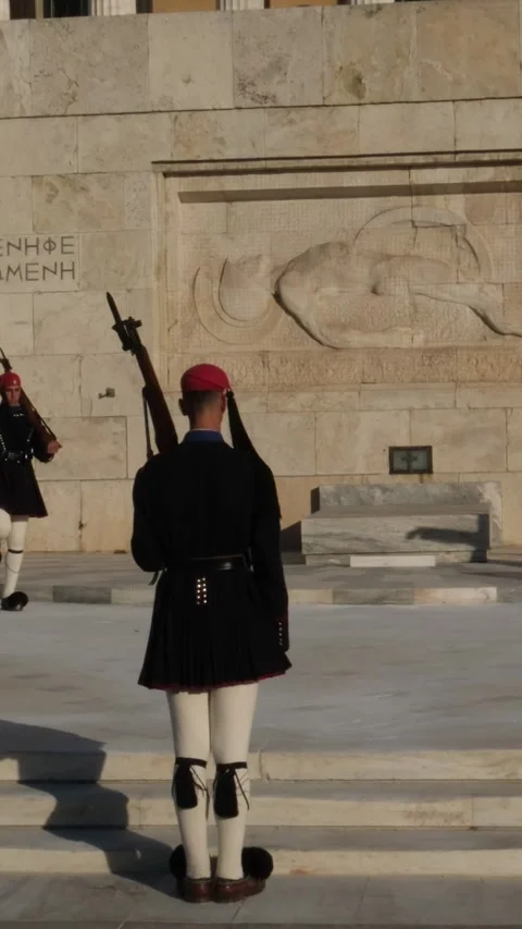 ATHENS, GREECE 04.02.2025 Front view of three Honor Evzones guard in front of Stock Footage 302081970