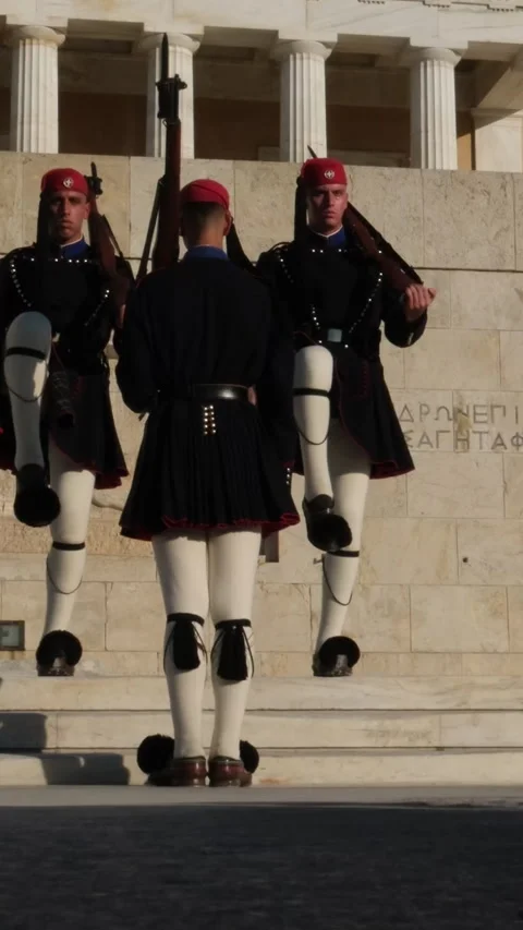 ATHENS, GREECE 04.02.2025 Front view of three Honor Evzones guard in front of Stock Footage 302082162