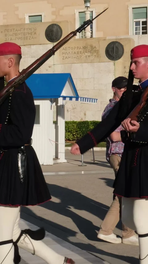 ATHENS, GREECE 04.02.2025 Front view of three Honor Evzones guard in front of Stock Footage 302082555