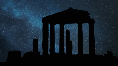 Athens, Greece: Gate of Athena Archegetis at Roman Agora, Stars and Milky Way Stock Footage 157333948