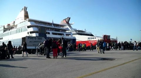 Athens, Greece. November 2015. The refugees from ferries in the port. Stock Footage 61650153
