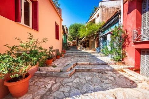 Athens, Greece - Plaka old street, Monastiraki medieval district of the city. Stock Photos