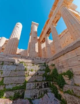 Athens Greece, Prpylaea columns and satairways of Acropolis entrance, extreme Stock Photos