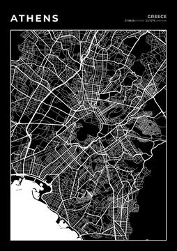 Athens Map Wall Art Frame, Cartography Map Print, City Layout Map Stock Illustration
