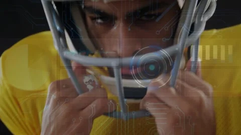 Athlete adjusting helmet chin strap after digital HUD overlays appearing on Stock Footage 317740261