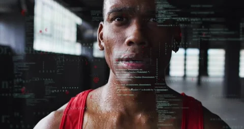 Athlete breathing and focusing while camera rising revealing face animated code Stock Footage 329835749