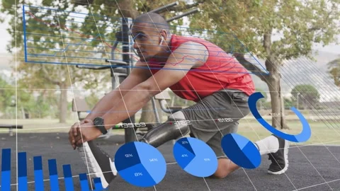 Athlete checking wrist, kneeling stretch with prosthetic leg preparing run 스톡 동영상 333575426