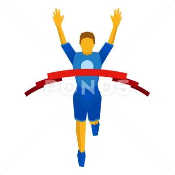 Athlete crosses finish line red ribbon. Front view. Stock Illustration