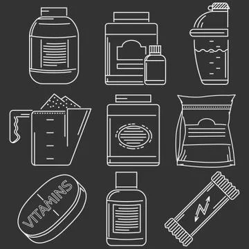 Athlete diet white line vector icons Stock Illustration