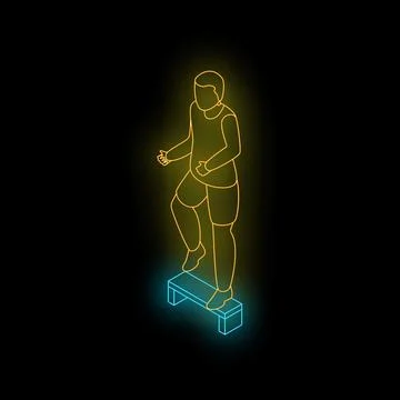 Athlete doing step aerobics exercise on bench in neon style isometric view Stock Illustration