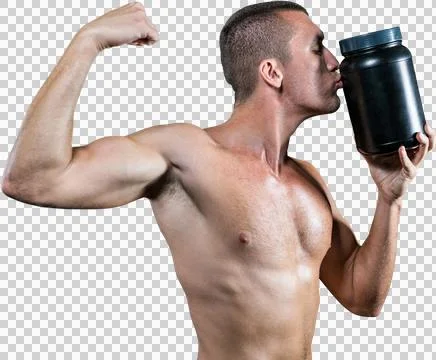 Athlete flexing muscles while kissing container Stock Illustration