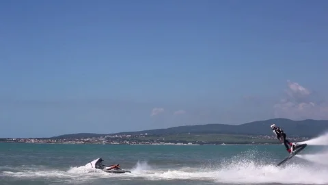 Athlete-fly-boarder performs tricks Stock Footage 79282671