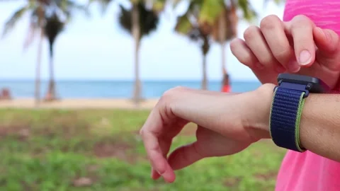 Athlete hands or runner in park with smart watch. Stock Footage 301771995