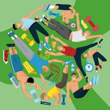 Athlete man round pattern vector illustration. Weight training. Exercising male Illustrazione stock