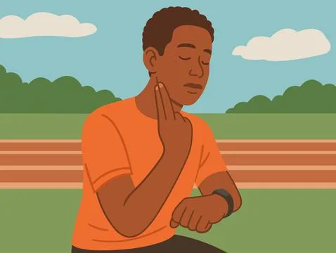 The athlete measures the pulse after training..In the illustration, a man i.. Stock Illustration