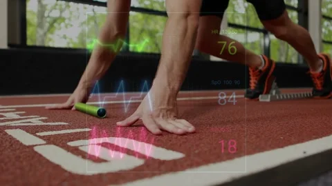 Athlete placing green baton on start mark, activating telemetry HUD, preparing Stock Footage 330462983