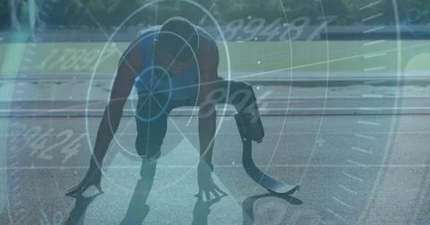Athlete preparing to run with data processing image over track Stockillustratie
