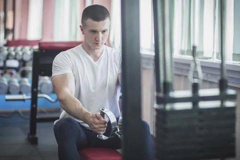 Athlete pulls a load, training his back in the gym Stock Photos