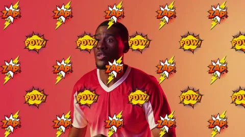 Athlete in red jersey with comic-style Zap and Pow text animations Stock Footage 305690942