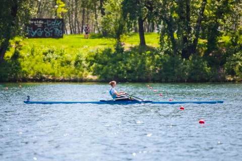 Athlete on a rowing competition Stock Photos