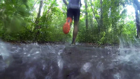 Athlete Running Through a Puddle on a Forest Trail Stock Footage 129562422