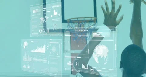Athlete scanning AR data panels and adjusting shooting stance for improving shot Stock Footage 320603430