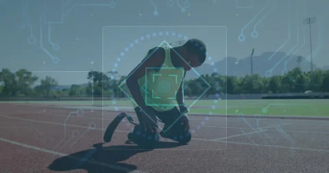 Athlete on track with digital interface animation over circuit board elements Stock Footage 305222324