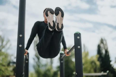 Athlete Training Outdoors on Parallel Bars in a Park Setting Stock Photos