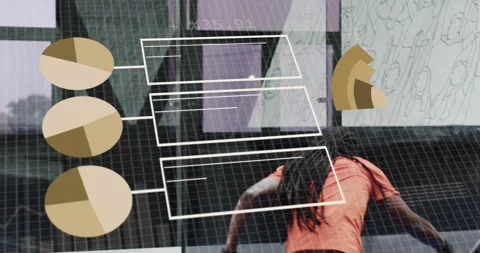 Athlete walking across grid activating binary overlay and rotating pie and Stock Footage 319781571