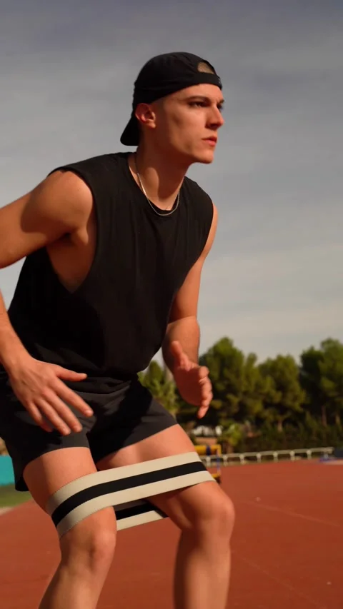 Athlete warming up with a knee strap. Preparing for a hard training session.. Stock Footage 267894466