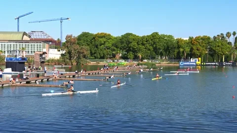 Athletes align at start docks before Seville heats Stock Footage 336098971