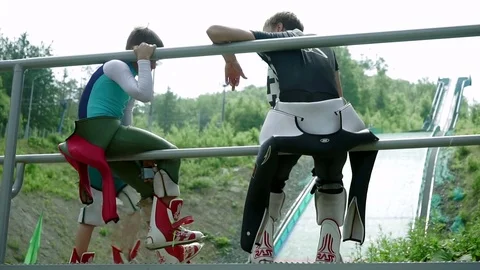 Athletes jumpers discuss their progress Stock Footage 77799783