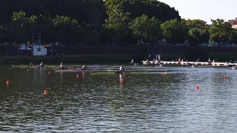 Athletes line up at the start for World Rowing Cup I 2026 in Seville Stockbeeldmateriaal 336098930