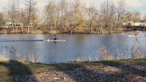 Athletes practice kayaking on the river Stock Footage 152981831