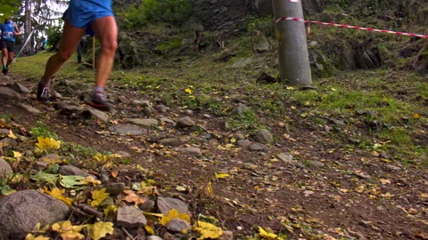 Athletes run down the mountain, view from the bottom 動画素材 147075343